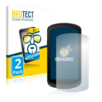 Front side of a product packaging with the brand logo BROTECT. Next to it is the device Garmin Edge 1040 Solar shown with the 