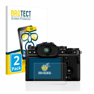 Front side of a product packaging with the brand logo BROTECT. Next to it is the device Fujifilm X-T5 shown with the correspon