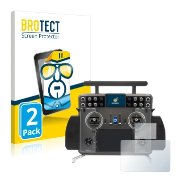Front side of a product packaging with the brand logo BROTECT. Next to it is the device FrSky Tandem XE 2 shown with the corre