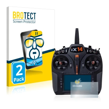 Front side of a product packaging with the brand logo BROTECT. Next to it is the device Spektrum iX14 shown with the correspon