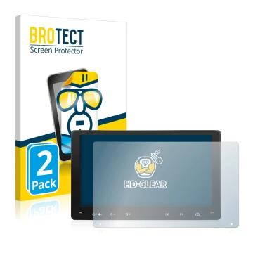 Front side of a product packaging with the brand logo BROTECT. Next to it is the device Atoto A6 PF 9 Zoll shown with the corr