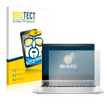 Front side of a product packaging with the brand logo BROTECT. Next to it is the device HP ProBook x360 435 G9 shown with the 