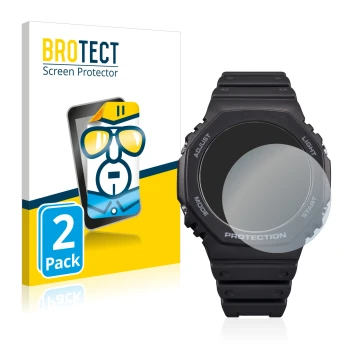 Front side of a product packaging with the brand logo BROTECT. Next to it is the device Casio G-Shock GA-B2100 shown with the 