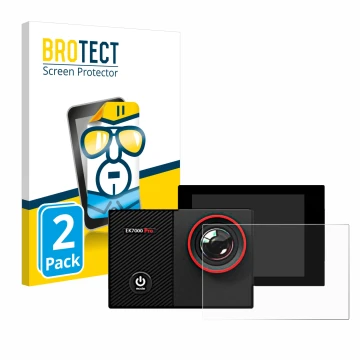 Front side of a product packaging with the brand logo BROTECT. Next to it is the device Akaso EK7000 Pro shown with the corres