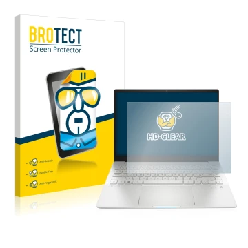 Front side of a product packaging with the brand logo BROTECT. Next to it is the device HP Pavilion Plus 14-eh shown with the 