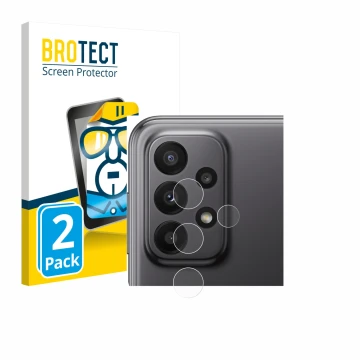 Front side of a product packaging with the brand logo BROTECT. Next to it is the device Samsung Galaxy A23 5G (ONLY Camera Len