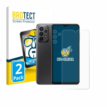 Front side of a product packaging with the brand logo BROTECT. Next to it is the device Samsung Galaxy A23 5G (Front+Camera) s