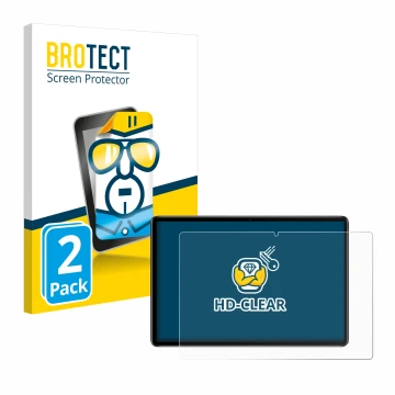 Front side of a product packaging with the brand logo BROTECT. Next to it is the device Blackview Oscal Pad 10 shown with the 