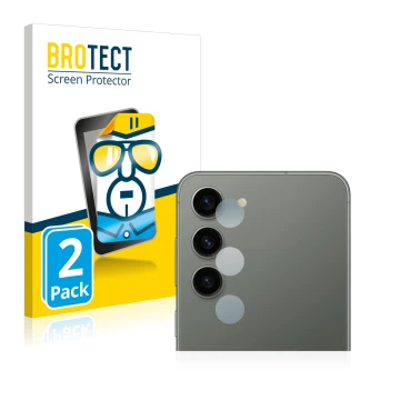 Front side of a product packaging with the brand logo BROTECT. Next to it is the device Samsung Galaxy S23 (ONLY Camera Lens) 