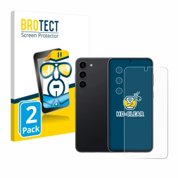Front side of a product packaging with the brand logo BROTECT. Next to it is the device Samsung Galaxy S23 (Front+Camera) show