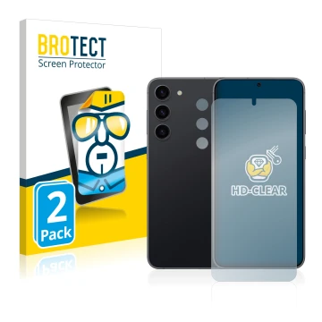 Front side of a product packaging with the brand logo BROTECT. Next to it is the device Samsung Galaxy S23 Plus (Front+Camera)