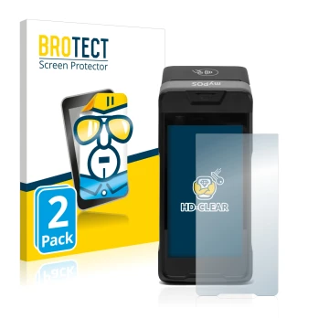 Front side of a product packaging with the brand logo BROTECT. Next to it is the device myPOS Carbon shown with the correspond