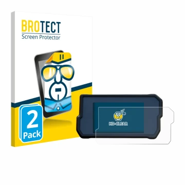 Front side of a product packaging with the brand logo BROTECT. Next to it is the device KTM 390 Duke 2019 shown with the corre