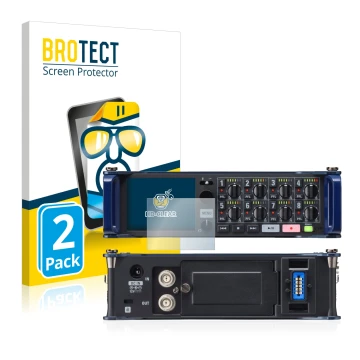Front side of a product packaging with the brand logo BROTECT. Next to it is the device Zoom F8 field recorder shown with the 