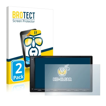 Front side of a product packaging with the brand logo BROTECT. Next to it is the device Atoto A6 PF 7 Zoll shown with the corr