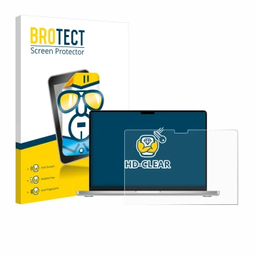 Front side of a product packaging with the brand logo BROTECT. Next to it is the device Apple MacBook Pro 14