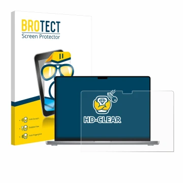 Front side of a product packaging with the brand logo BROTECT. Next to it is the device Apple MacBook Pro 16