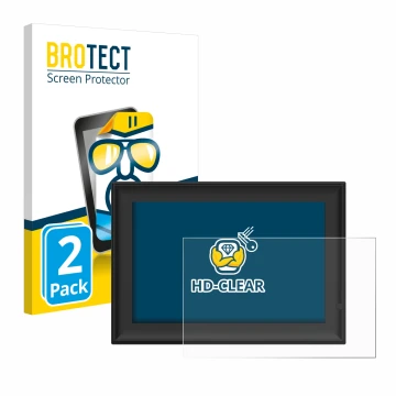 Front side of a product packaging with the brand logo BROTECT. Next to it is the device Yenock Digitaler Bilderrahmen 10.1 Zol