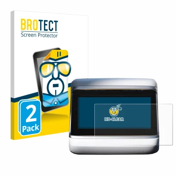 Front side of a product packaging with the brand logo BROTECT. Next to it is the device Tesla Model X Plaid 2023 (Back display
