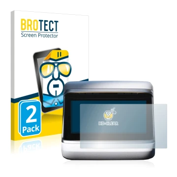 Front side of a product packaging with the brand logo BROTECT. Next to it is the device Tesla Model S Plaid 2023 (Back display