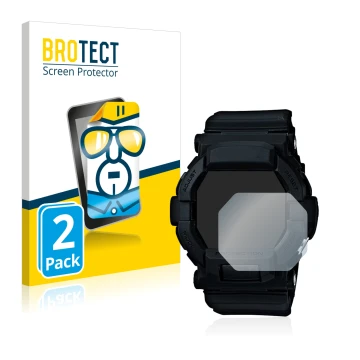 Front side of a product packaging with the brand logo BROTECT. Next to it is the device Casio G-Shock GD350 shown with the cor