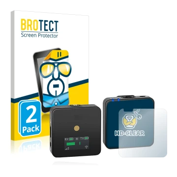 Front side of a product packaging with the brand logo BROTECT. Next to it is the device Rode Wireless GO II shown with the cor