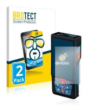 Front side of a product packaging with the brand logo BROTECT. Next to it is the device Bosch GLM 150-27c shown with the corre