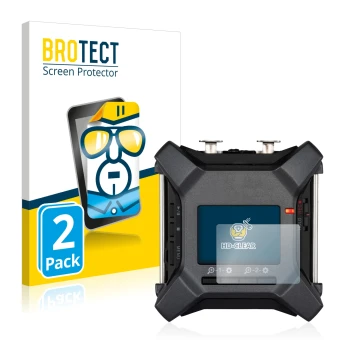 Front side of a product packaging with the brand logo BROTECT. Next to it is the device Zoom F3 field recorder shown with the 