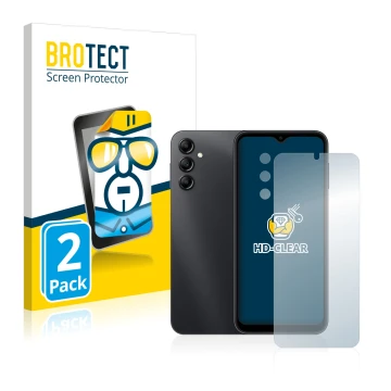 Front side of a product packaging with the brand logo BROTECT. Next to it is the device Samsung Galaxy A14 5G (Front+Camera) s