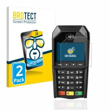 Front side of a product packaging with the brand logo BROTECT. Next to it is the device ingenico Desk/1600 shown with the corr