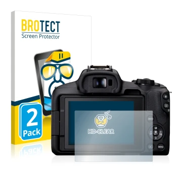 Front side of a product packaging with the brand logo BROTECT. Next to it is the device Canon EOS R50 shown with the correspon