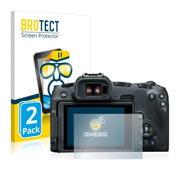 Front side of a product packaging with the brand logo BROTECT. Next to it is the device Canon EOS R8 shown with the correspond