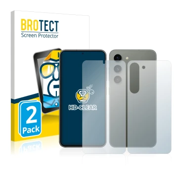 Front side of a product packaging with the brand logo BROTECT. Next to it is the device Samsung Galaxy S23 Plus (Front+Back) s