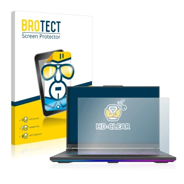 Front side of a product packaging with the brand logo BROTECT. Next to it is the device ASUS ROG Strix G18 G814 2023 shown wit