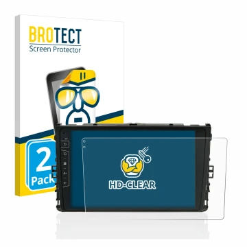 Front side of a product packaging with the brand logo BROTECT. Next to it is the device Dynavin D8-DF63 10.1