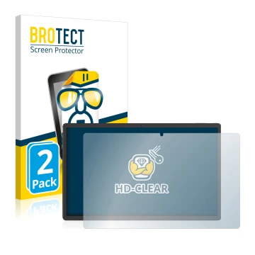 Front side of a product packaging with the brand logo BROTECT. Next to it is the device Sebbe Facetel Tablet Q10 shown with th