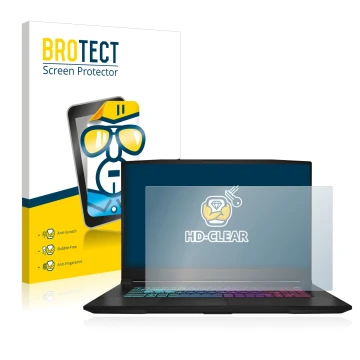 Front side of a product packaging with the brand logo BROTECT. Next to it is the device MSI Katana 17 B13V shown with the corr