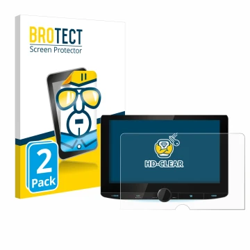 Front side of a product packaging with the brand logo BROTECT. Next to it is the device Kenwood DNR992RVS shown with the corre