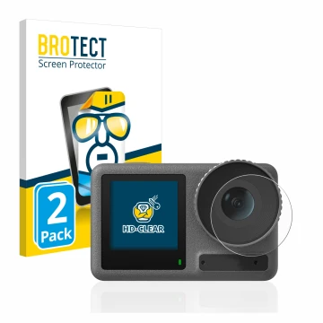Front side of a product packaging with the brand logo BROTECT. Next to it is the device DJI Osmo Action 3 (Lens) shown with th