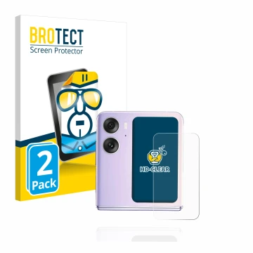 Front side of a product packaging with the brand logo BROTECT. Next to it is the device Oppo Find N2 Flip (Back display) shown