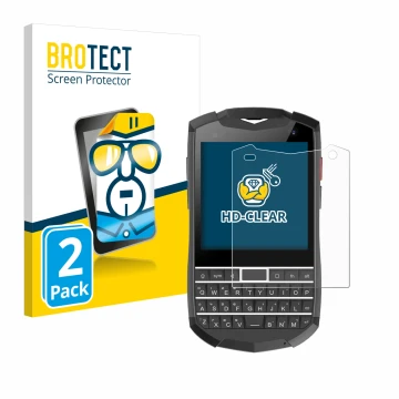 Front side of a product packaging with the brand logo BROTECT. Next to it is the device Unihertz Titan Pocket shown with the c