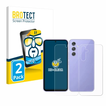 Front side of a product packaging with the brand logo BROTECT. Next to it is the device Samsung Galaxy A54 5G (Front+Back) sho