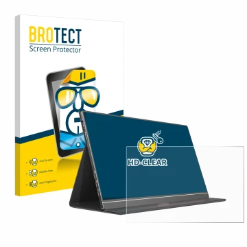 Front side of a product packaging with the brand logo BROTECT. Next to it is the device Arzopa ‎S1 Table 15.6