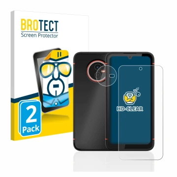 Front side of a product packaging with the brand logo BROTECT. Next to it is the device Gigaset GX4 (Front+Camera) shown with 
