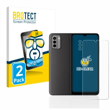Front side of a product packaging with the brand logo BROTECT. Next to it is the device Nokia G22 (Front+Camera) shown with th