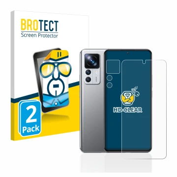 Front side of a product packaging with the brand logo BROTECT. Next to it is the device Xiaomi 12T Pro (Front+Camera) shown wi