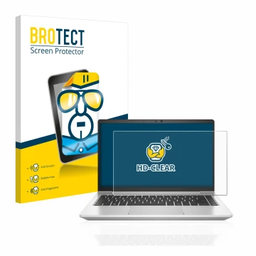 Front side of a product packaging with the brand logo BROTECT. Next to it is the device HP EliteBook 640 G9 shown with the cor