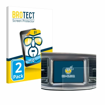 Front side of a product packaging with the brand logo BROTECT. Next to it is the device Dodge Challenger Uconnect 8.4