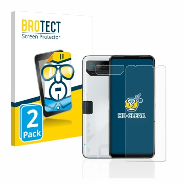 Front side of a product packaging with the brand logo BROTECT. Next to it is the device ASUS ROG Phone 7 (Front+Camera) shown 