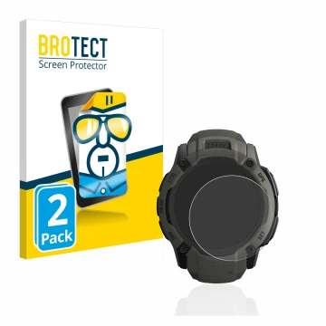 Front side of a product packaging with the brand logo BROTECT. Next to it is the device Garmin Instinct 2X Solar shown with th